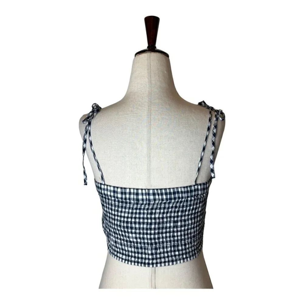 J Crew Shirt Women Small Navy Blue White Cotton Gingham Smocked‎ Cropped Top